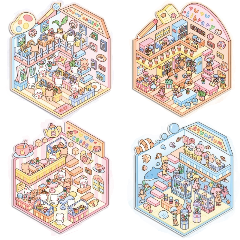 3D Miniature Building Sticker Set｜Charming Scenes to Create｜Relaxing Craft for All Ages