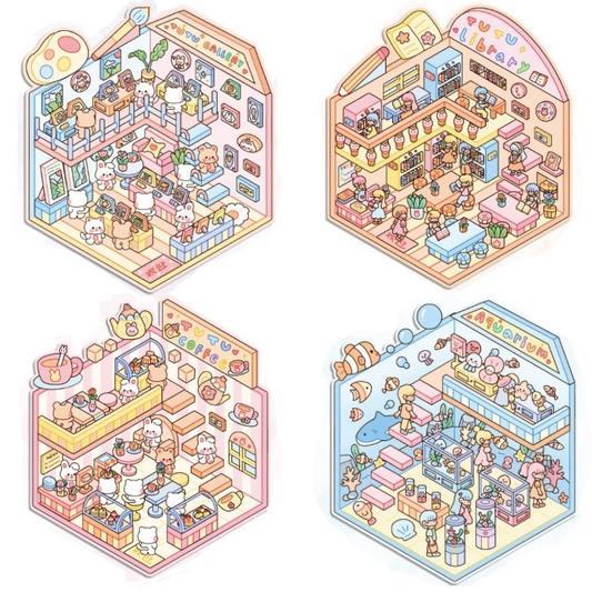 3D Miniature Building Sticker Set｜Charming Scenes to Create｜Relaxing Craft for All Ages